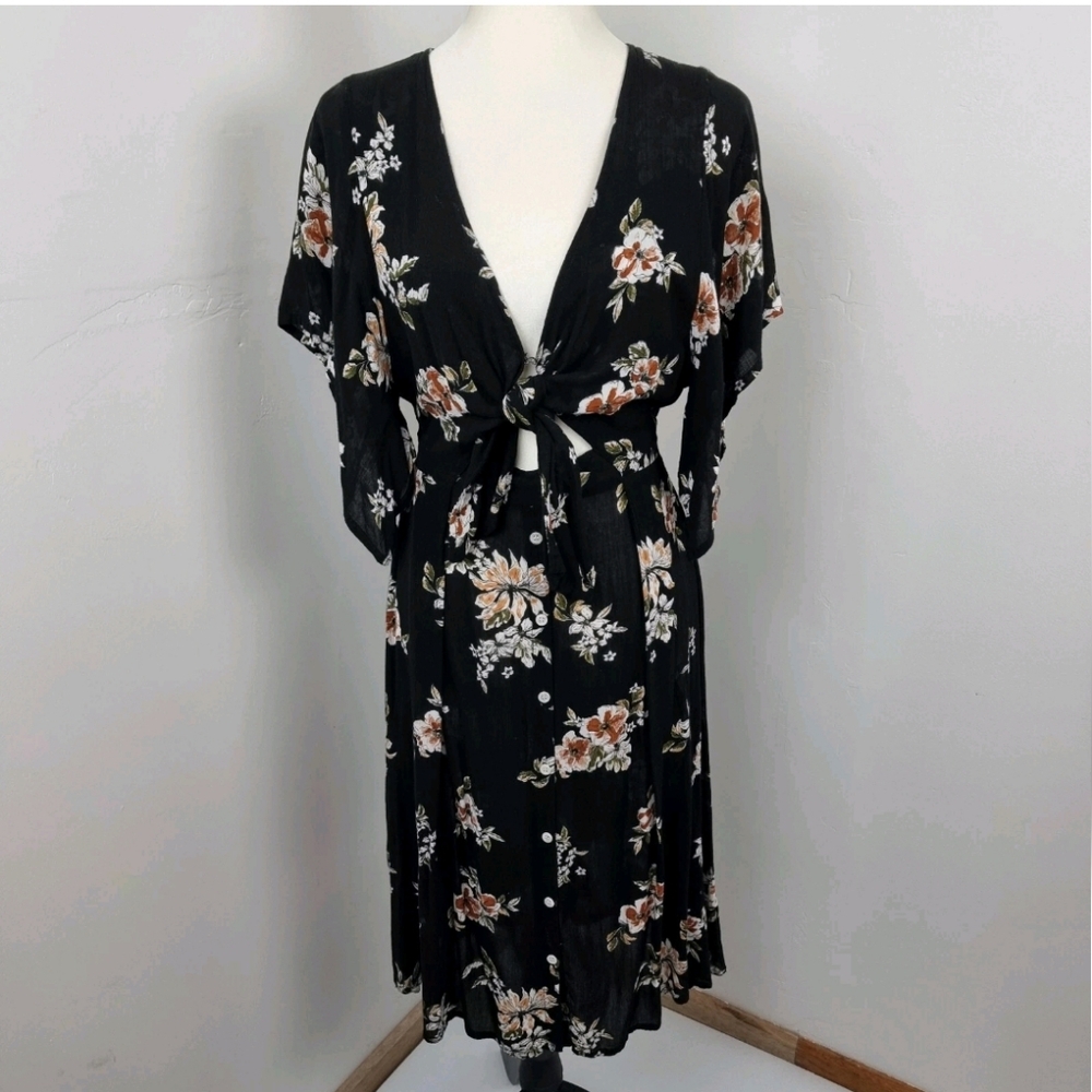 Faithfull The Brand Medium Cut Out Tie Mini Black Dark Floral Black Kimono Dress